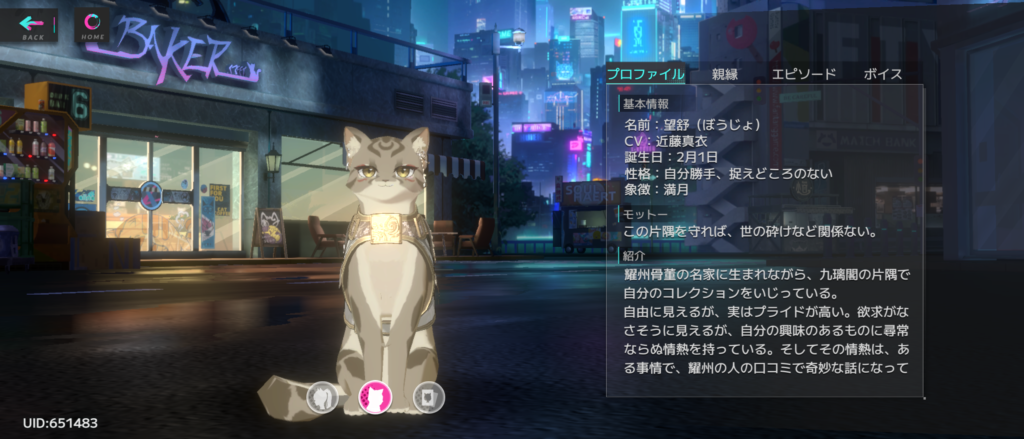 キャラクターのプロフィール画面