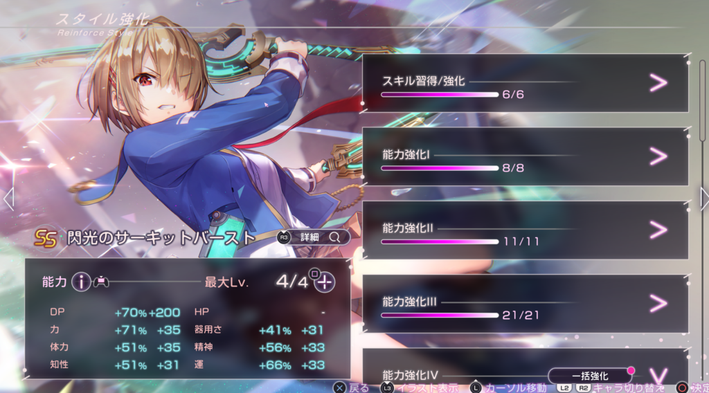 キャラクターのスタイル強化画面