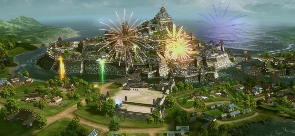 花火が打ち上がる城下の風景