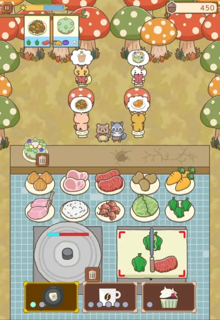 調理を終えた料理をお客さんの動物に届ける場面